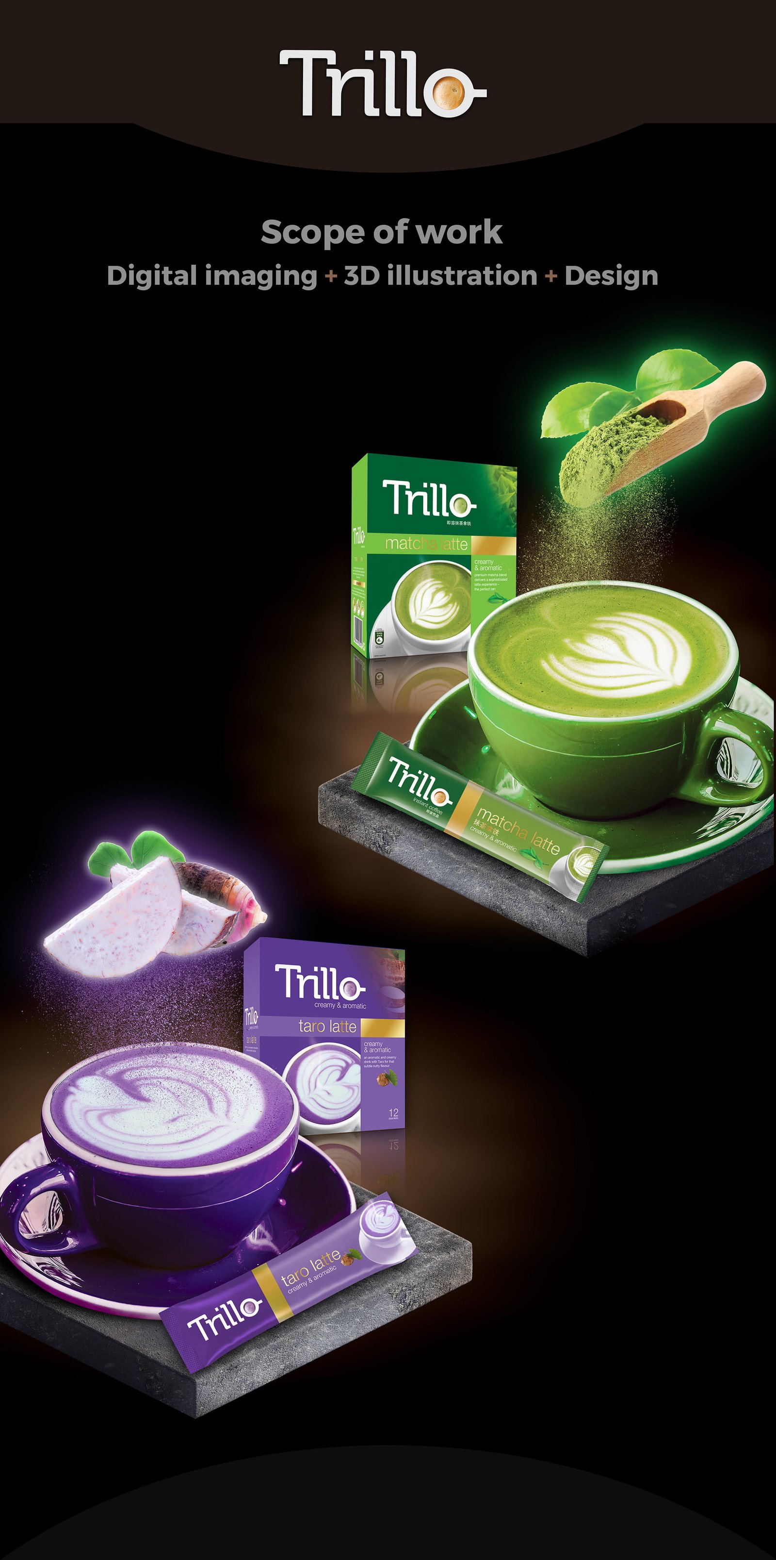 Trillo Matcha Latte and Taro Latte Packaging and Digital Design